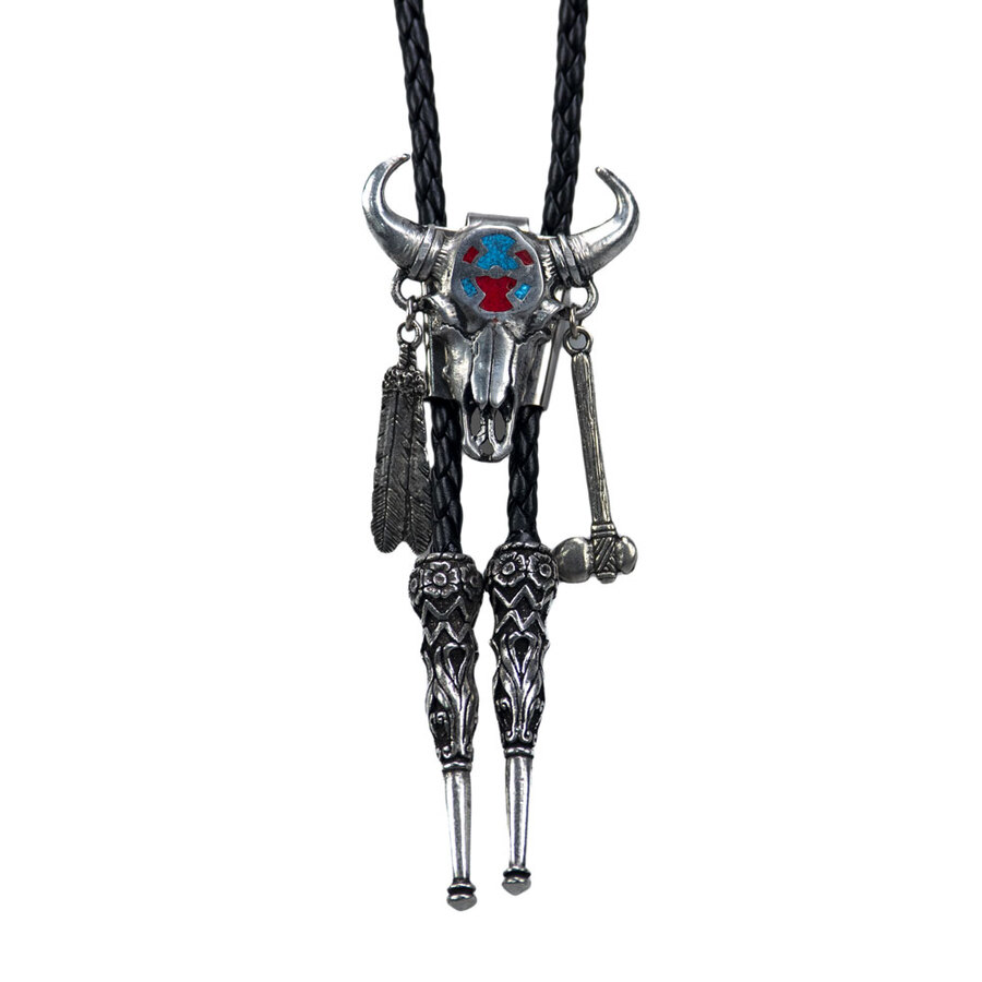 Bolo Tie -  Medicine Bull w/Turqouiase+ Coral Inlay- [Bolo-34]