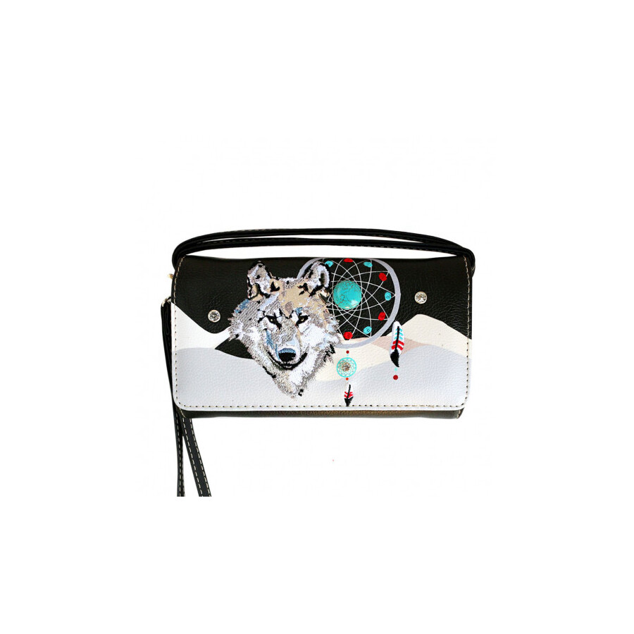 Ladies Purse - Wolf Embroidered - Black Faux Leather - [MW220BK]